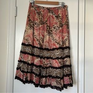 Indira Vintage Boho Coquette Tiered Ruffle Pink + Brown Animal Print Maxi Skirt